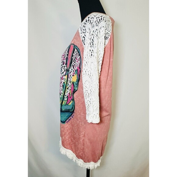 Southern Grace Walk By Faith Cowboy Boot Coral Pink Crochet Shirt Women's SMALL - Picture 3 of 13